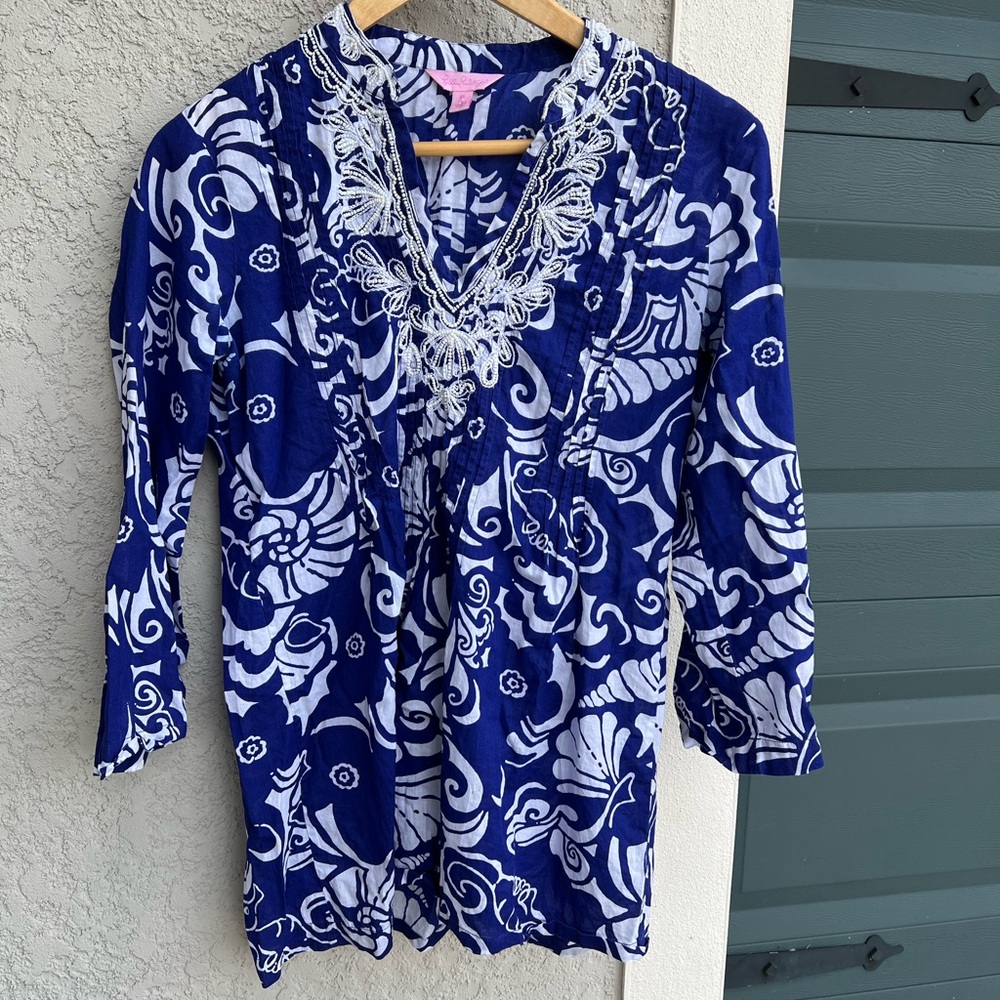 Lilly Pulitzer Blue White Beaded Sarasota Tunic Shirt Size XS